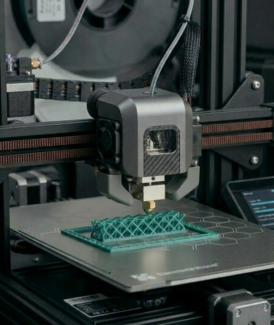 Bambu Lab 3D printer actively building a teal lattice structure, showing precision FDM fabrication in progress